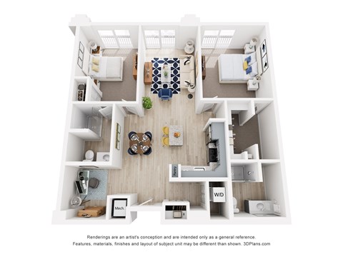 A floor plan of a small apartment with a kitchen, living room, and two bedrooms.